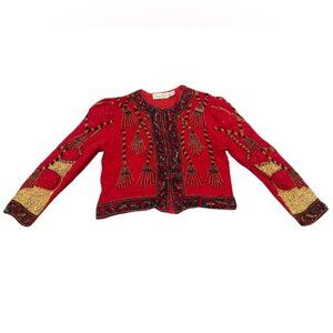 Vintage Laurence Kazar Silk Beaded Crop Jacket | Red/Multi | Size XL